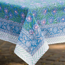 Load image into Gallery viewer, Blue Flowers Block Printed Tablecloth &amp; Napkins
