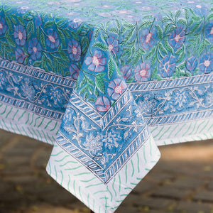 Blue Flowers Block Printed Tablecloth & Napkins